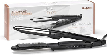 BaByliss Styler Steam Shine ST496E Plancha de pelo con vapor Alisa y Ondula, Placa exterior curva para ondular, Iónica, Peines removibles - Alisado profesional, Cabello hidratado y protegido